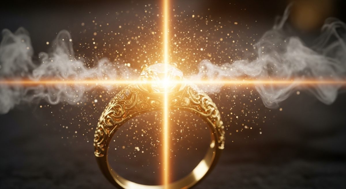 指輪から放たれる黄金の光がネガティブな黒い霧を払い、幸運だけを集めているイメージ