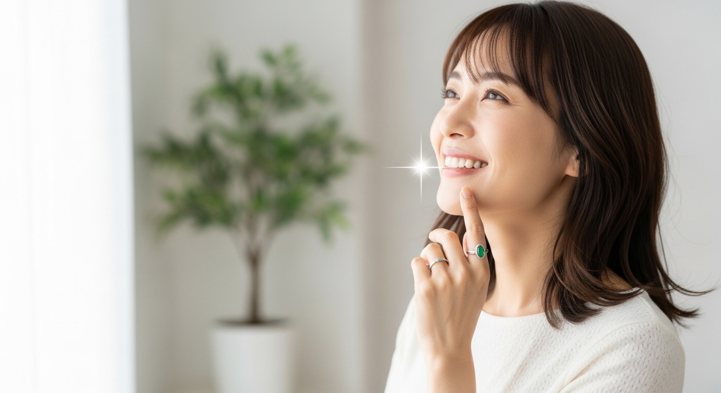 彼女は、明るい日差しが差し込む清潔な部屋の窓辺に立ち、安堵感と希望に満ちた優しい微笑みを浮かべている。その手元には、悪縁を断ち切るお守りである、緑の石がついたシルバーリングが上品に輝いている。背景には新しい始まりを象徴する観葉植物が柔らかくぼかして写り込んでいる。全体的に光に満ちた、穏やかでポジティブな雰囲気