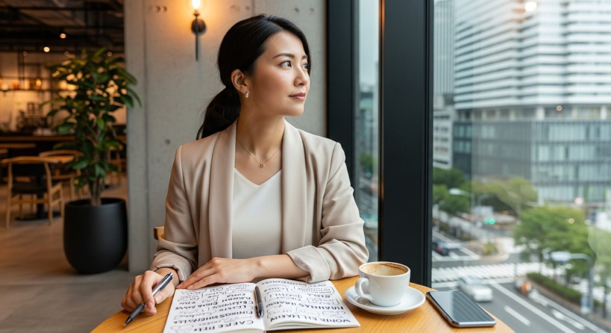オフィスビルのおしゃれなカフェで、窓の外を見ながら自分の将来について真剣に考えている日本人男性。手元のノートにはアイデアが書かれている