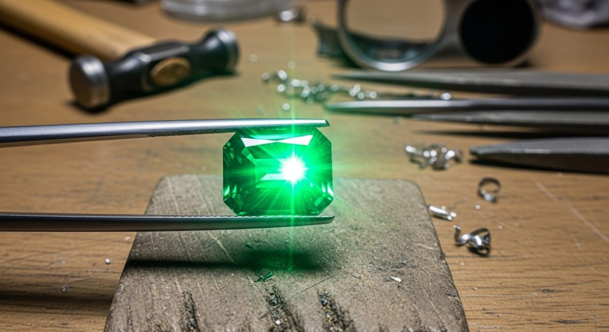 宝石職人の作業台の上で、ピンセットで優しく掴まれたグリーンジルコニア。その石が強い光を放ち、周囲を照らしている