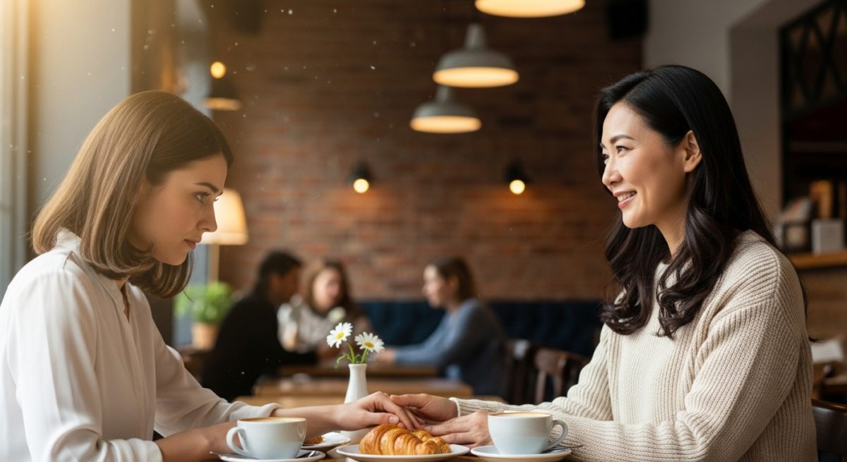 カフェのテーブルで、少し不安そうな表情の友人女性の手を、もう一人の日本人女性が優しく握り、励ましている心温まるシーン