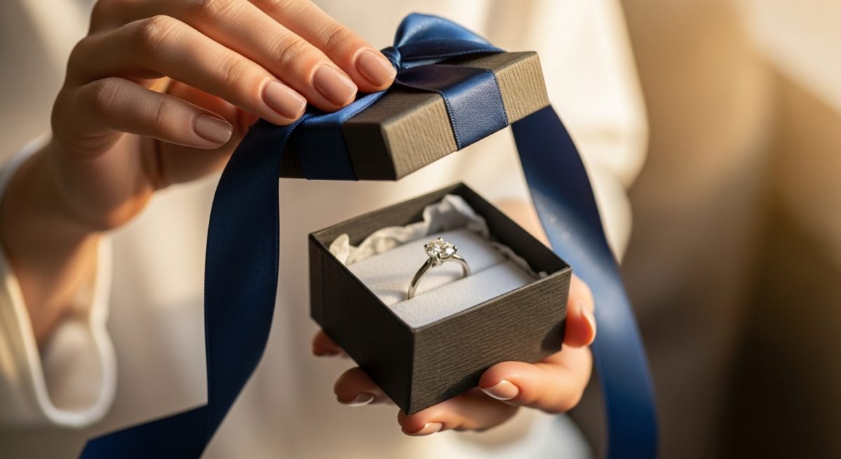 上品なリボンがかけられた小さなプレゼントボックス。それを優しく開けようとする女性の手元がクローズアップされている。中からはキラリと指輪の輝きが見える