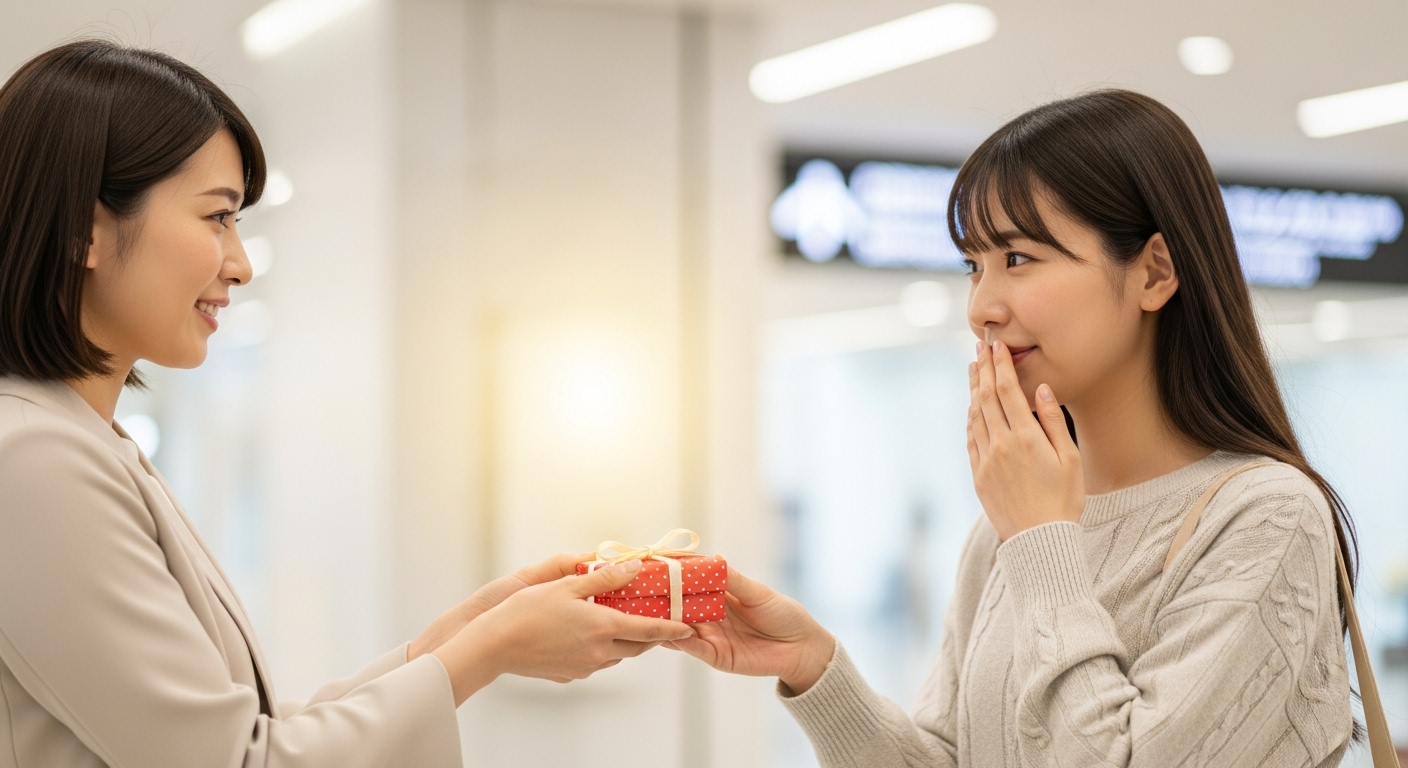 新しい未来への旅立ちを祝して、大切な友人へお守りのプレゼントを渡す感動的な瞬間のアイキャッチ画像。出発ロビーのような明るい場所で、一人の日本人女性が、少し不安そうに、でも希望に満ちた表情で微笑むもう一人の日本人女性に、美しくラッピングされた小さなギフトボックスを優しく手渡している。二人の間には、友情と応援の温かい空気が流れている。背景は柔らかく光に包まれており、これからの輝かしい未来を象徴している。全体的に感動的で、ポジティブなエネルギーに満ちた雰囲気。