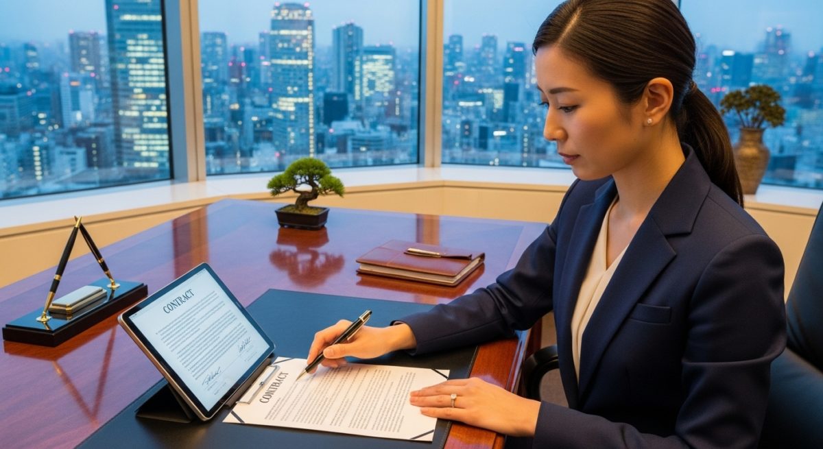 高級感のあるデスクで、指輪をはめた手が契約書やタブレットを操作している成功者のイメージ