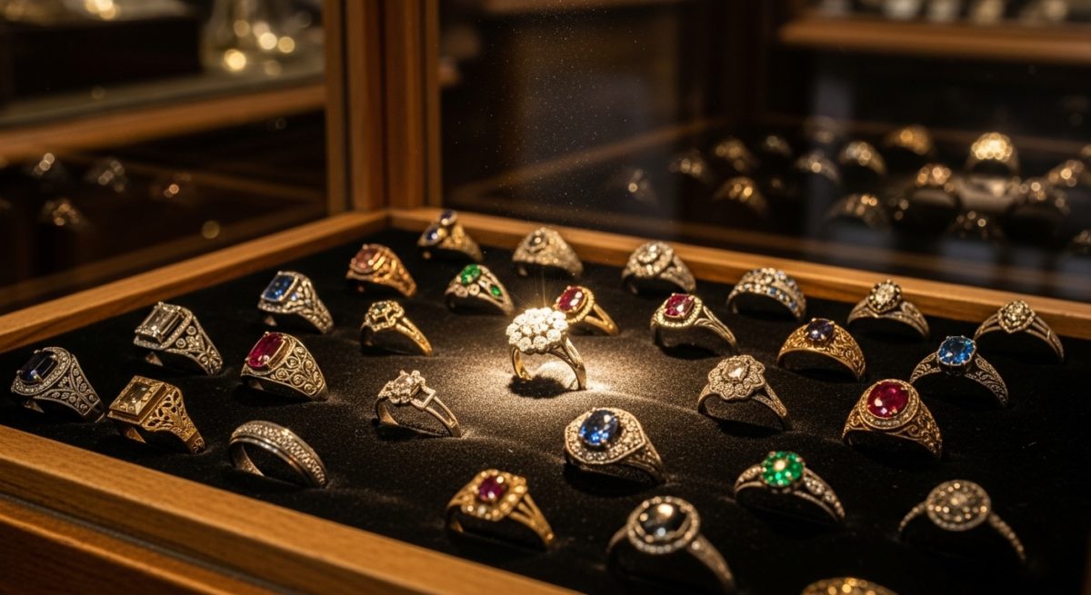 アンティークショップのガラスケースに並べられた、様々なデザインの美しい指輪。その中の一つに光が当たっている