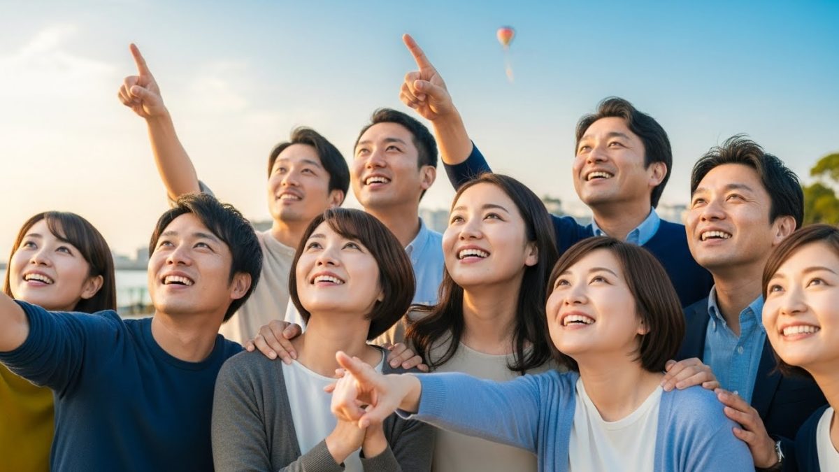 前向きな表情で空を見上げる日本人の男女