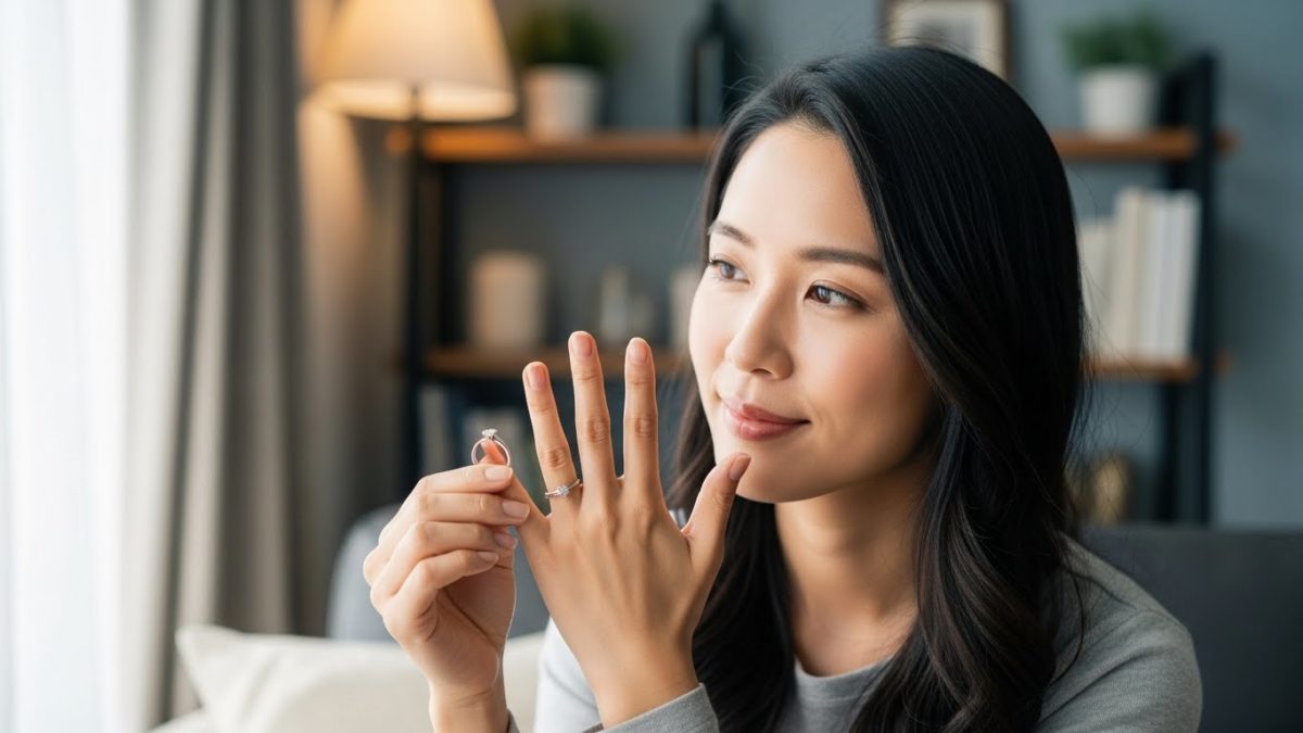 自分の手を見つめる女性