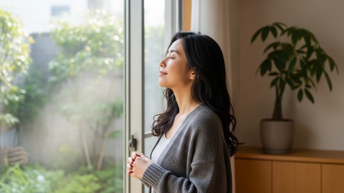 窓辺でリラックスする女性