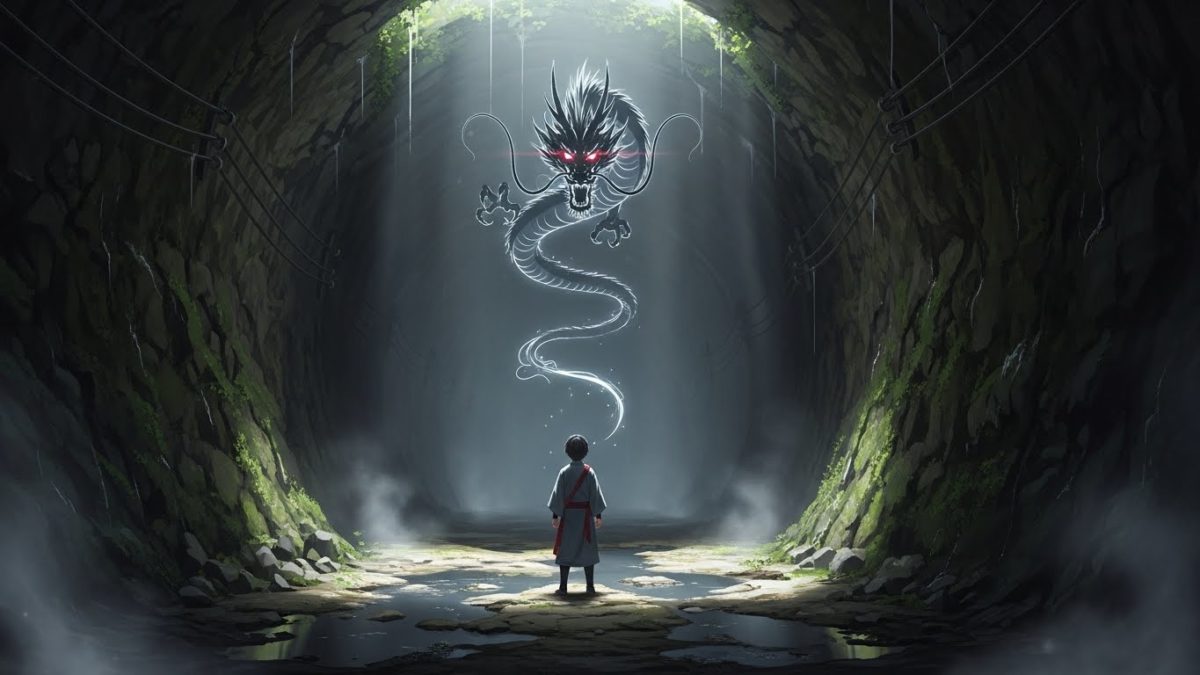 暗闇の中で黒龍の光を見つけるイメージ