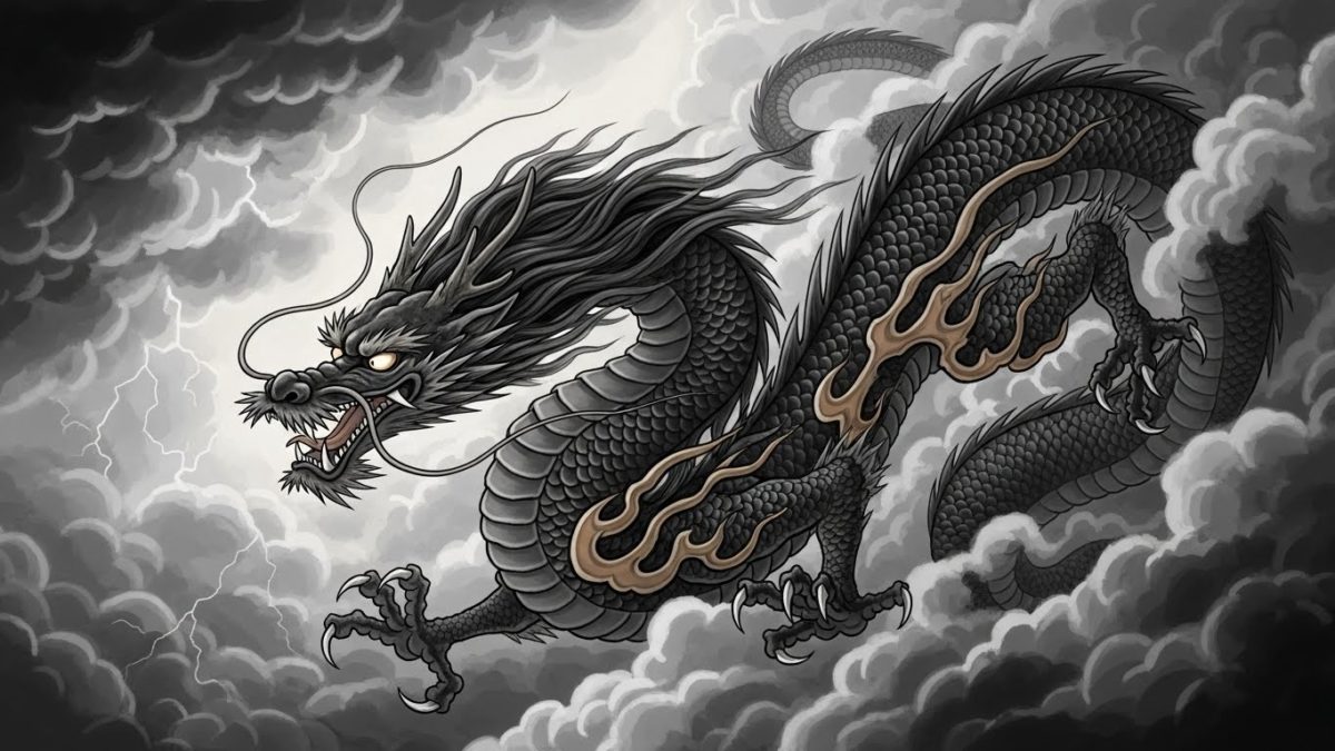 暗雲を切り裂く黒龍の姿
