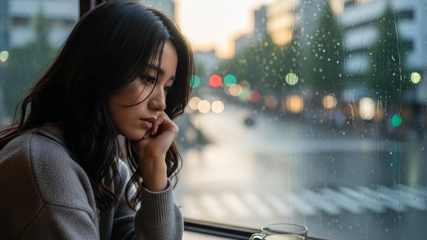 窓際で物思いにふける、少し寂しげな表情の日本人女性。