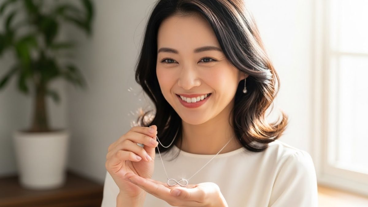 輝くインフィニティネックレスを手に取り、嬉しそうに微笑む日本人女性。