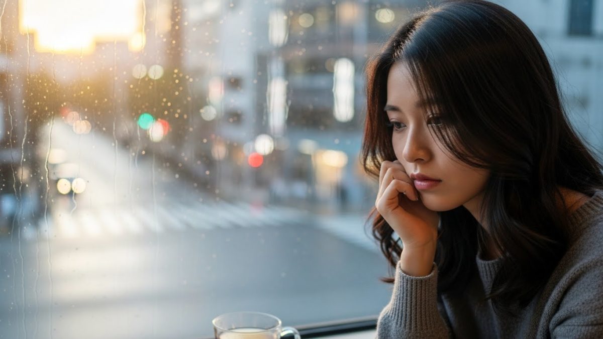 窓際で物思いにふける、少し寂しげな表情の日本人女性。