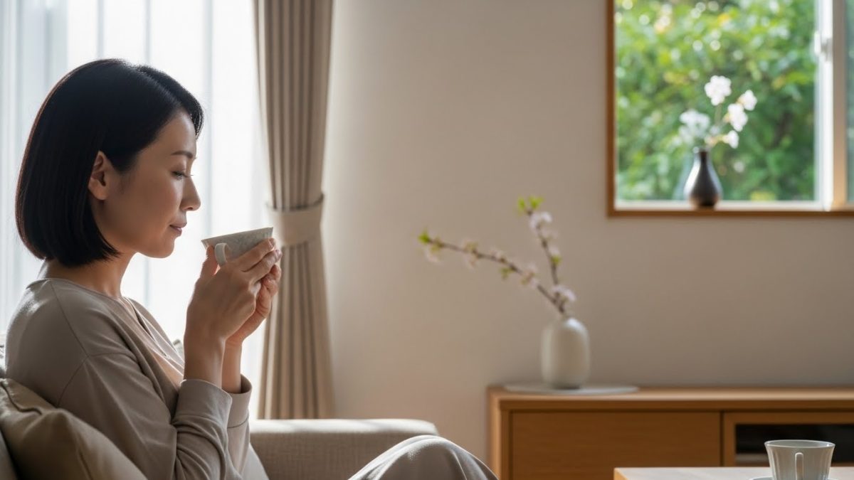 日本人女性、30代、朝の柔らかな光が差し込むリビングで、静かに温かいお茶を飲んでいる、落ち着いた横顔、シンプルで清潔感のあるライフスタイル