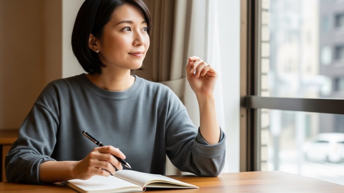 日本人女性、30代、ノートにペンで何かを書き留めている、ふとした瞬間に窓の外を見て、小さく納得したような穏やかな表情