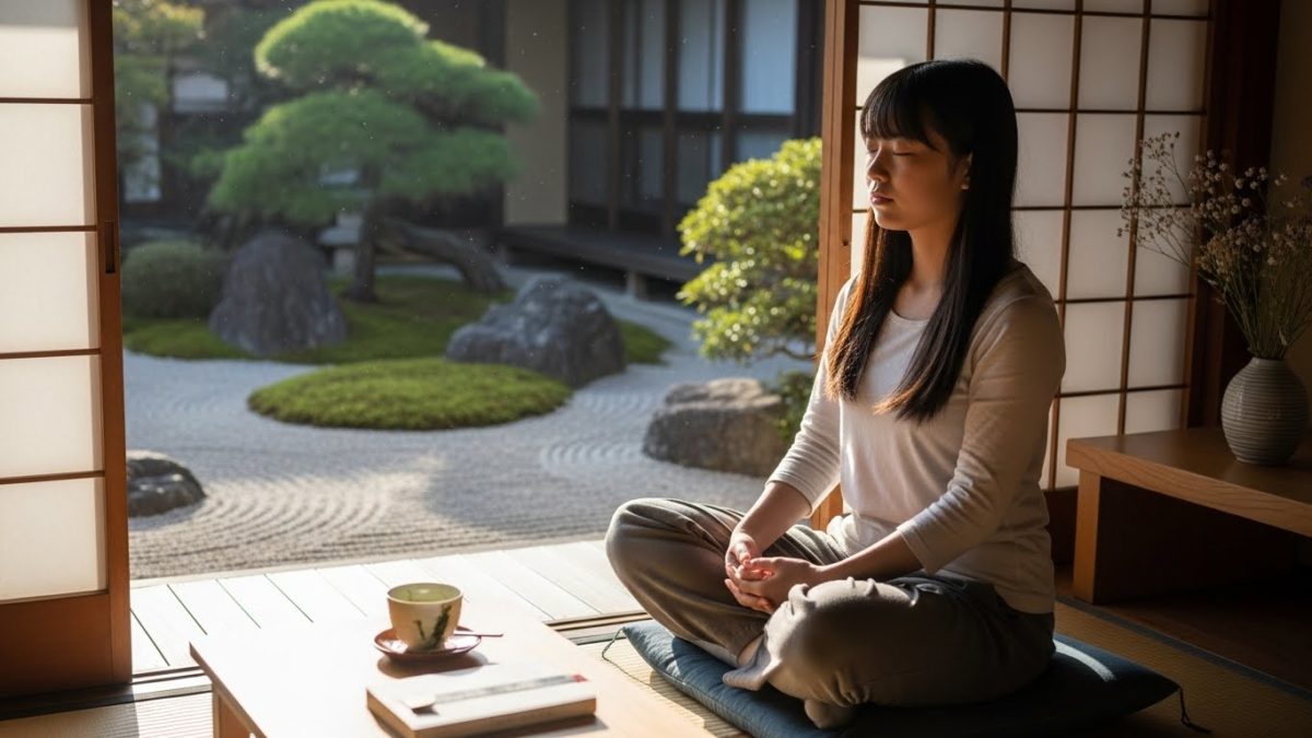 静かな空間で心を整え、内なる声に耳を傾ける女性