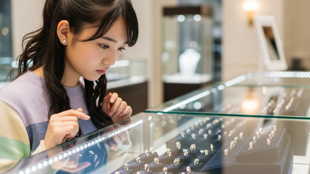 自分に合う特別な指輪を慎重に選んでいる様子