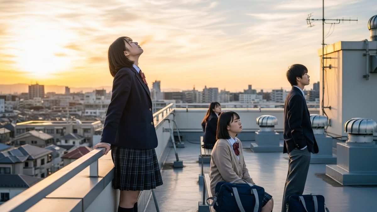 騒がしい場所から離れて深呼吸し、心を落ち着かせている様子