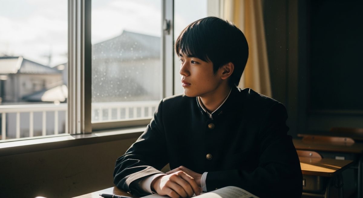 朝の光の中で、窓の外を静かに眺める少年の姿。落ち着いた日常の一コマ