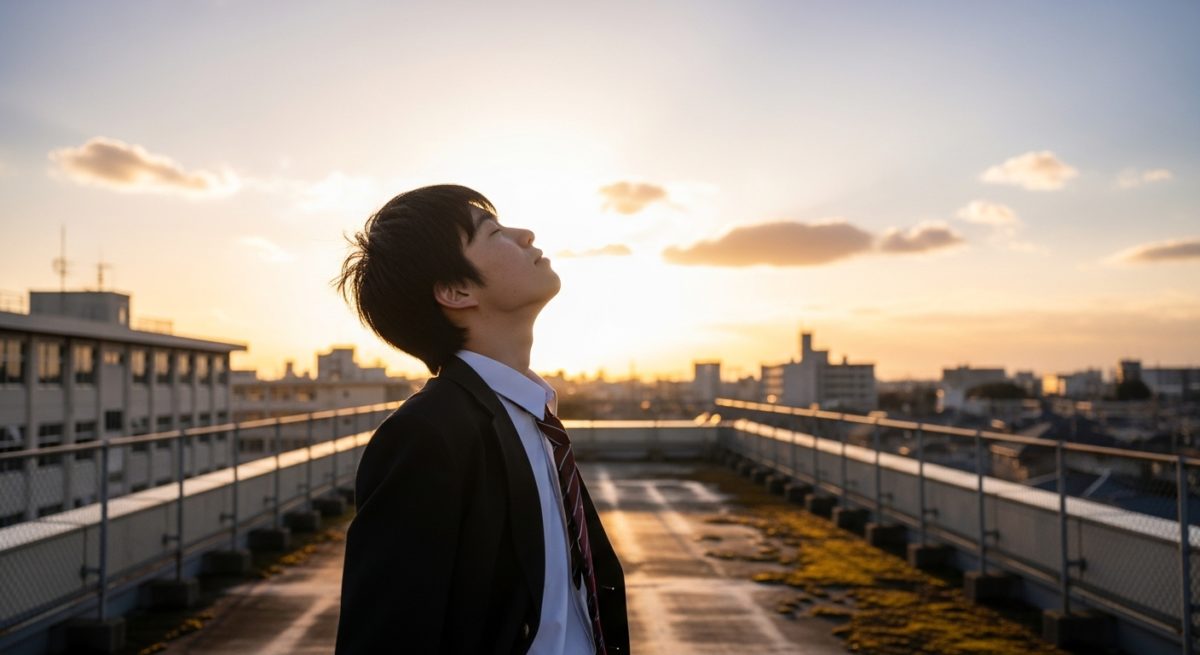 学校の屋上で空を見上げる少年。閉ざされた教室から離れ、自由を感じている構図