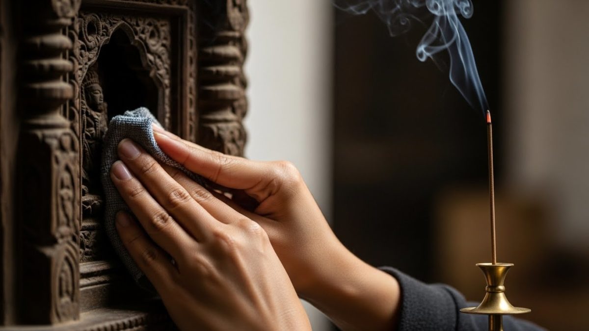 玄関のたたきを雑巾で拭いて清めている様子、またはリラックスするためにお香に火をつける手元