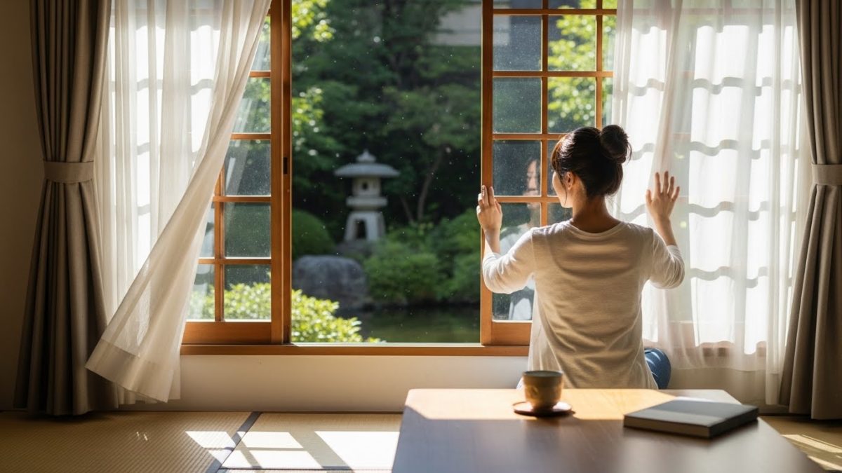 朝の光の中で窓を開け、部屋の空気を入れ替えて気分転換をする女性