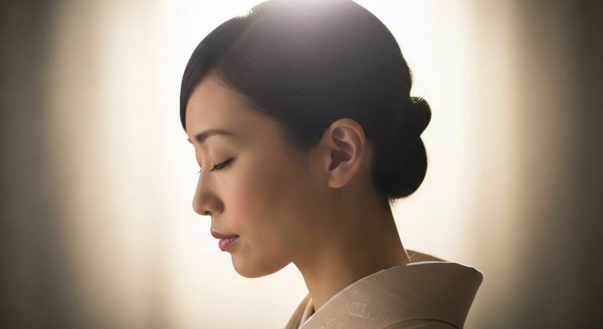静かに目を閉じ、自分の内側に集中している日本人、柔らかな光に包まれた横顔
