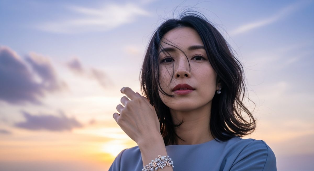 繊細な装飾のブレスレットを身につけた手元、自信を持って前を向く日本人、背景に美しい空