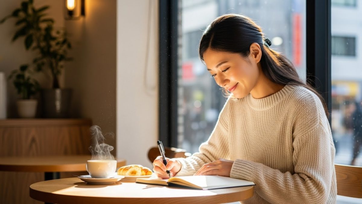 カフェで手帳に気持ちを書き出し、頭の中を整理して落ち着きを取り戻しつつある日本人女性