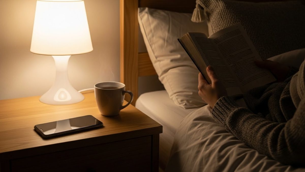 寝る前のリラックスタイムにスマホを置いて情報を遮断し、静かな時間を過ごす様子