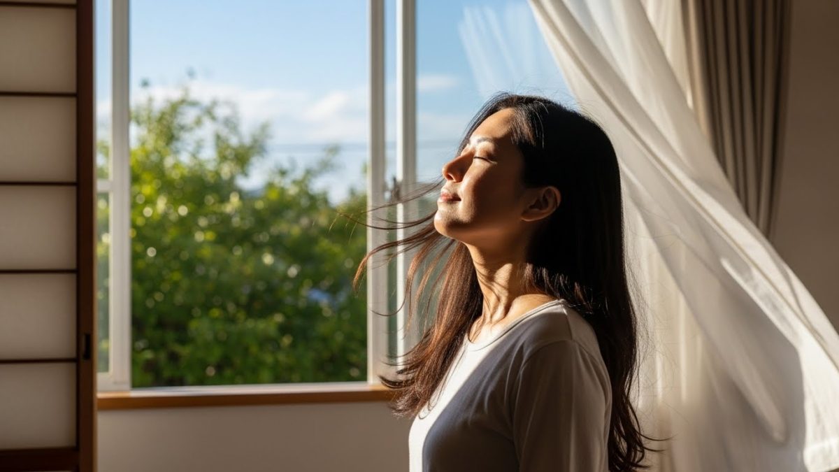 窓を全開にして部屋の空気を入れ替え、新鮮な空気を吸い込む日本人女性