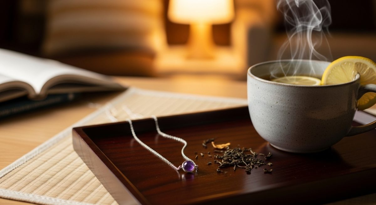 帰宅後にネックレスを外してリラックスする様子