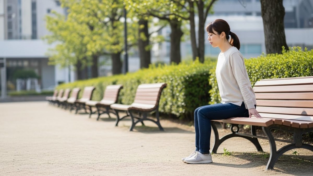 靴を脱いで足の裏で地面の感覚を確かめ、意識を下に降ろしてリラックスしている日本人女性