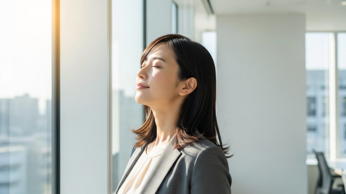 オフィスのデスクで温かいお茶を前に、肩の力を抜いてリラックスした深呼吸をしている女性