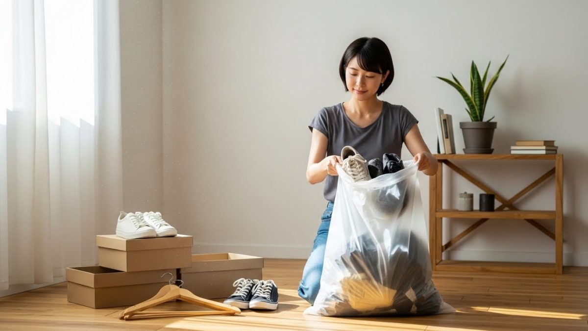 運気の停滞を招く古いものを断捨離し、部屋に新しいスペースを作って気分を一新する様子