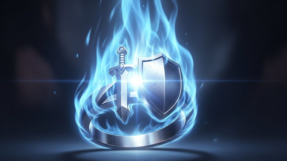 美しいシルバーの指輪が光り輝き、その周囲を青い炎のような聖なる光が包み込んでいる。剣と盾のモチーフが抽象的に描かれ、悪を断ち切る強さを表現。幻想的で美しいCGアートスタイル。