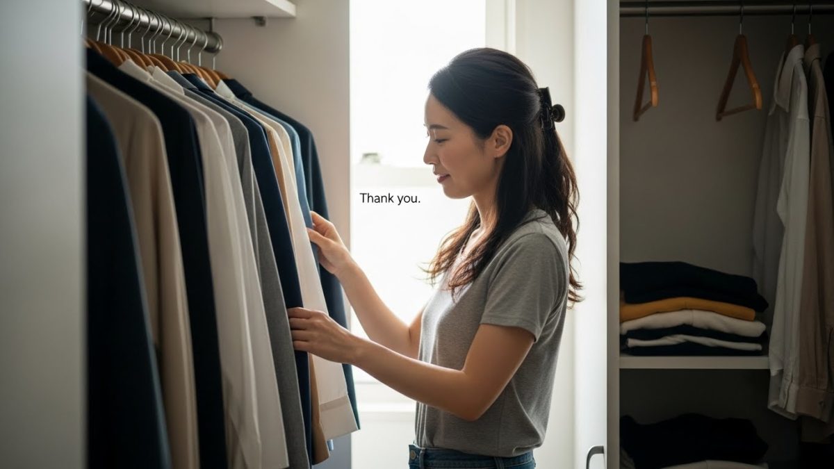 クローゼットの整理中に、不要な服を手放す決断をし、感謝の気持ちでリサイクルやゴミ袋に入れる様子