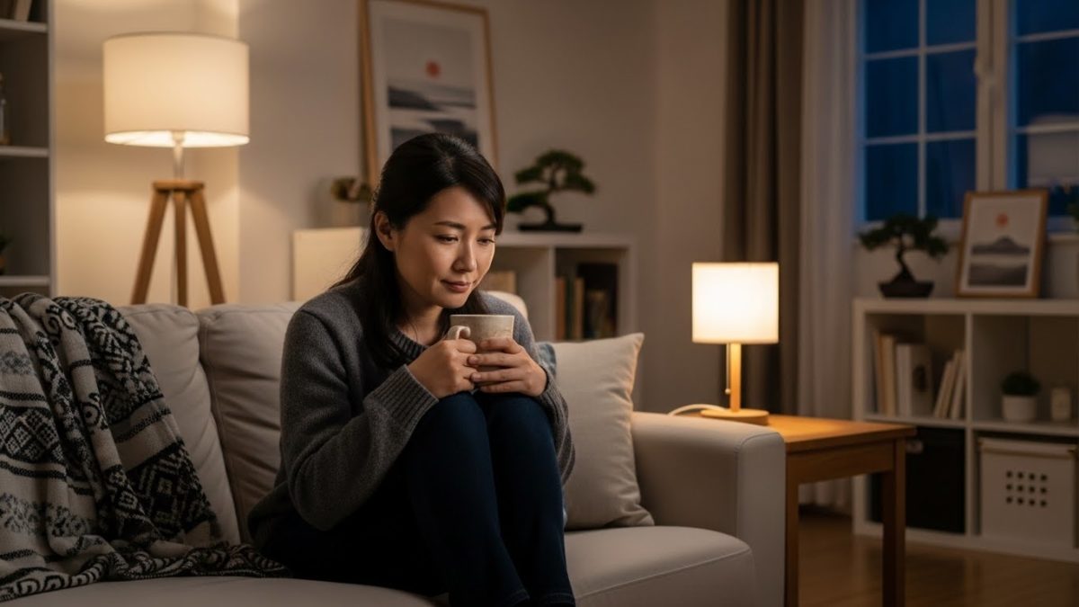夜のリビングで温かい飲み物を持ちながら、一日を振り返りリラックスしている女性
