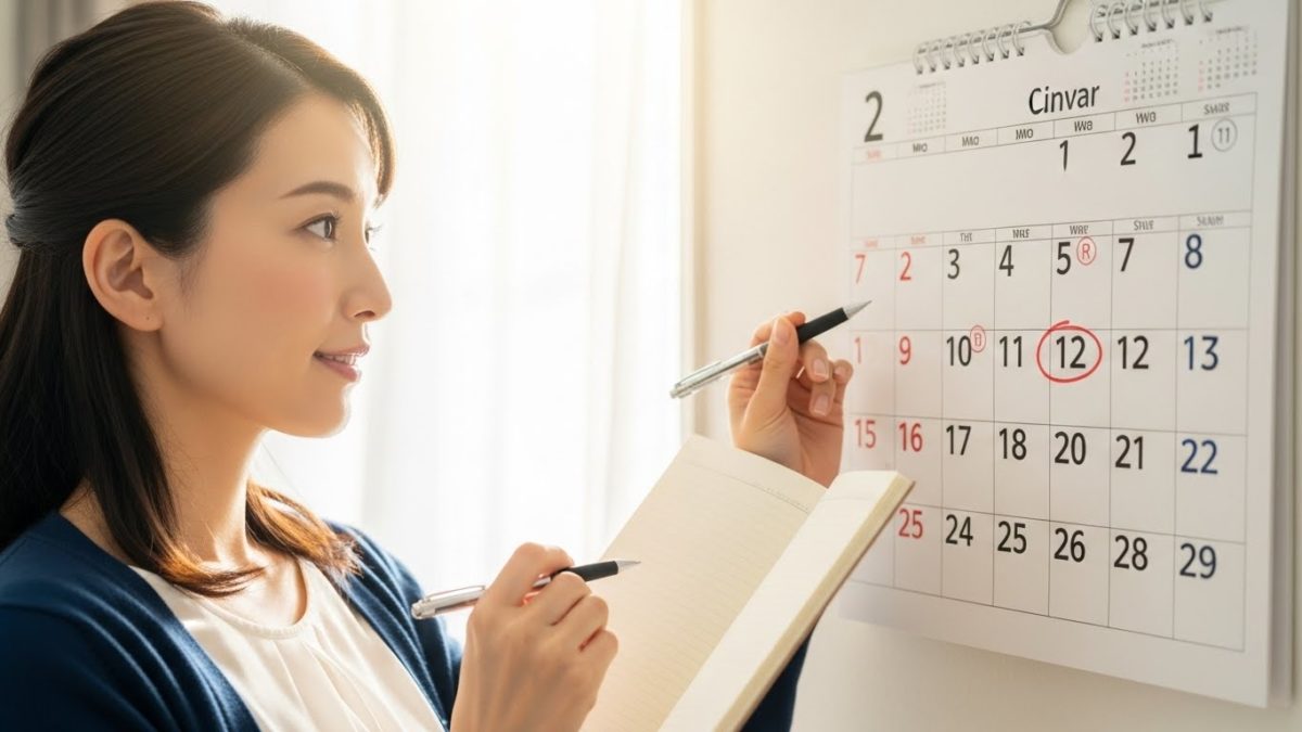 カレンダーの一粒万倍日などの吉日に印をつけ、新しい目標に向けて計画を立てている様子