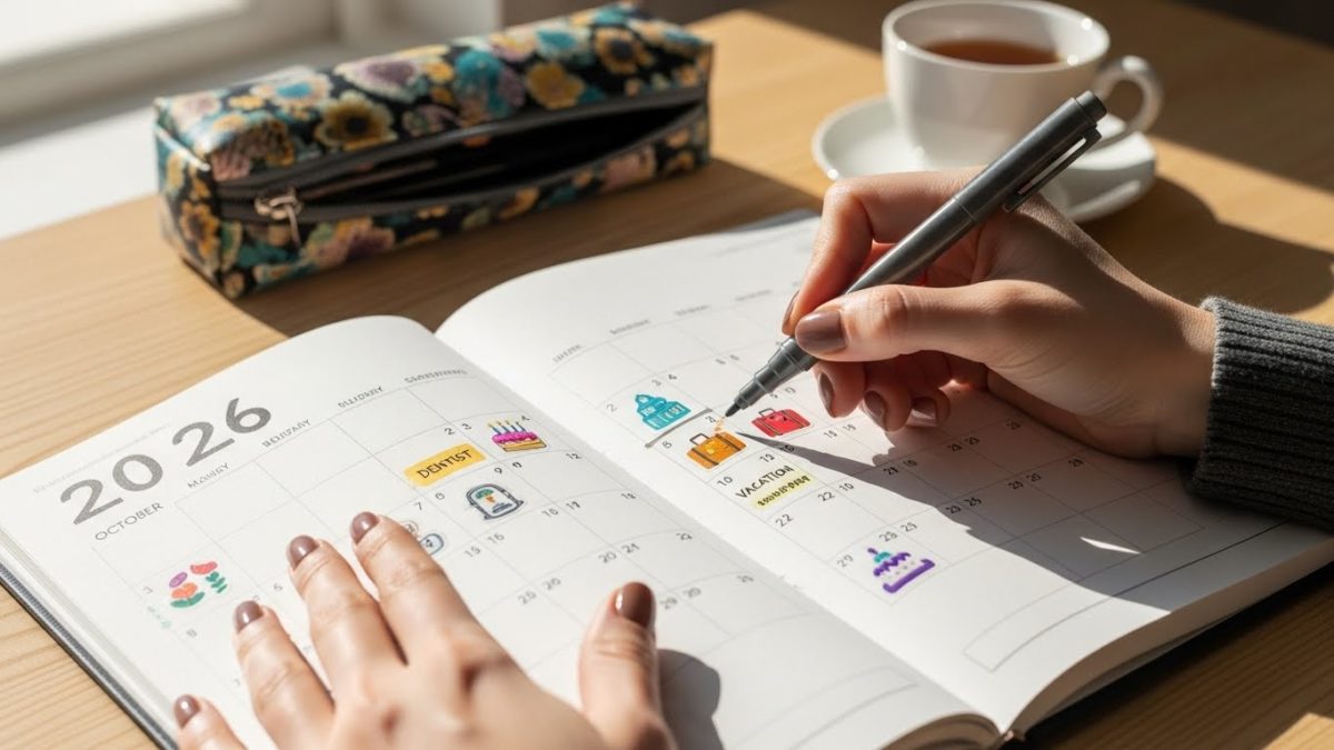 2026年の手帳を開き、天赦日や一粒万倍日に印をつけてスケジュールを管理している様子