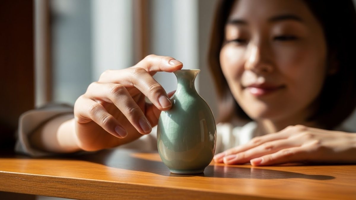 棚に置かれたインテリア小物を穏やかな表情で見つめる日本人女性