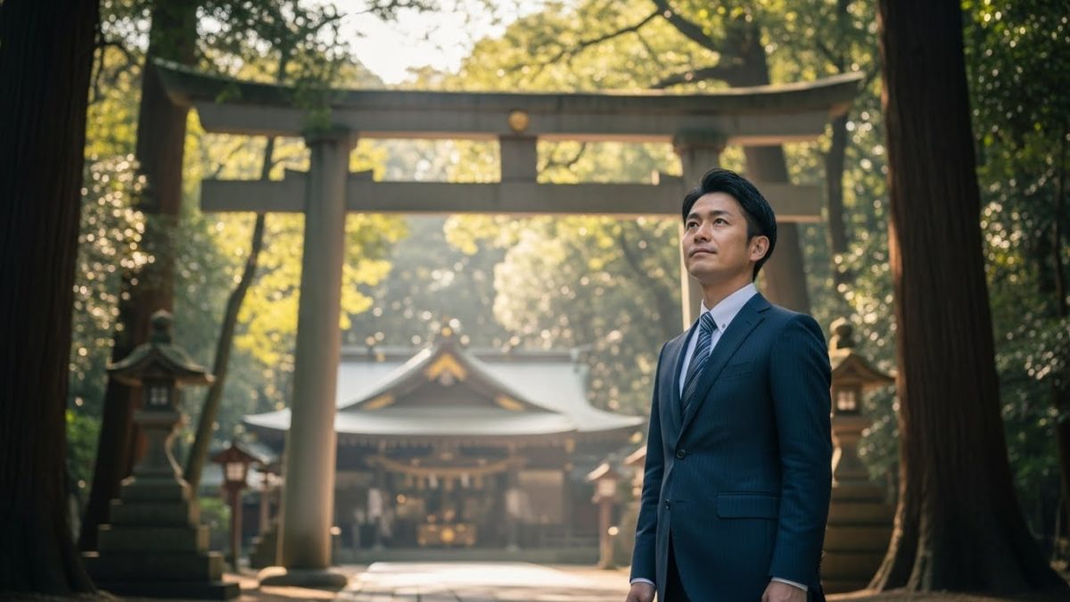 神社の本殿前で静かに一礼し、心を整えているスーツ姿の30代日本人男性