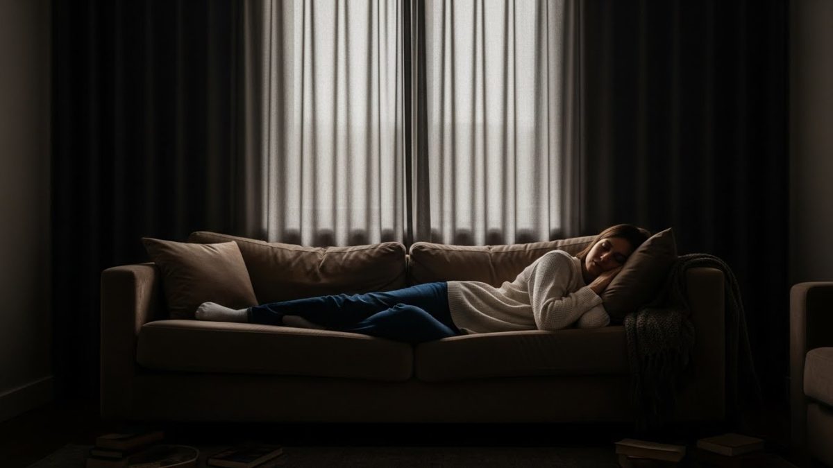 昼間からカーテンを閉めて部屋を薄暗くし、視覚的な刺激を遮断してリラックスする日本人女性