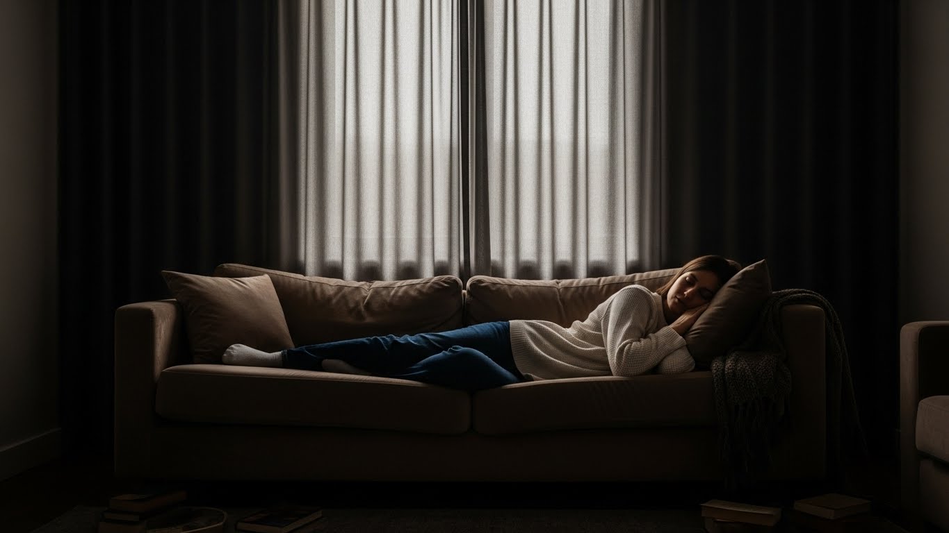 昼間からカーテンを閉めて部屋を薄暗くし、視覚的な刺激を遮断してリラックスする日本人女性