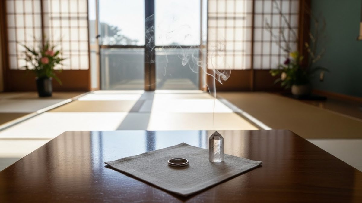 清潔な布の上で休ませている指輪と、空間を浄化するためのアイテム