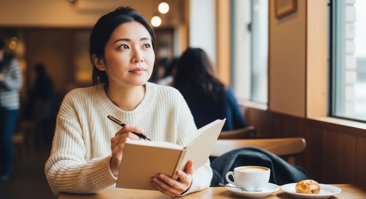 カフェでリラックスしながら手帳を見つめる女性、将来への希望を感じさせるシーン