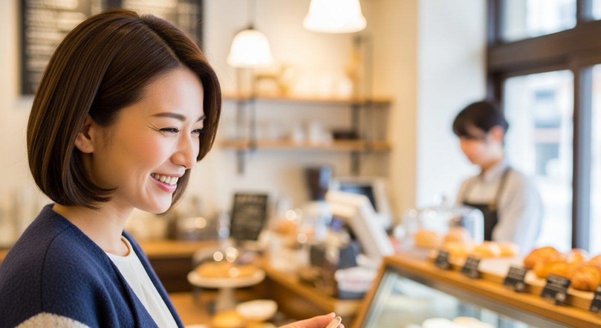 支払いの瞬間に笑顔で店員に接する、感謝の気持ちを表している女性