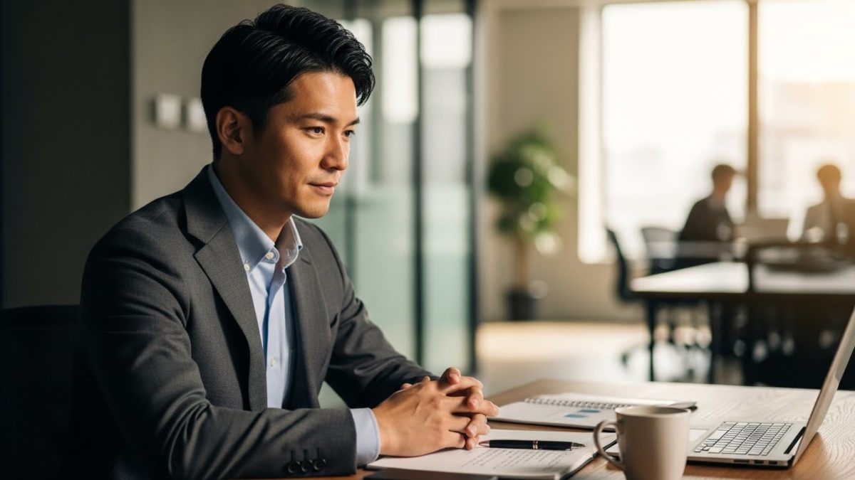 仕事中にふと考え込む30代の日本人男性