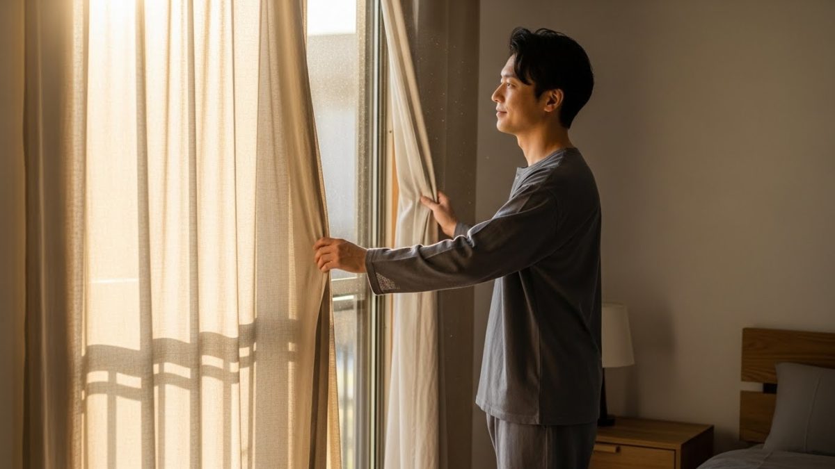 朝の光を浴びて一日をスタートさせる30代男性