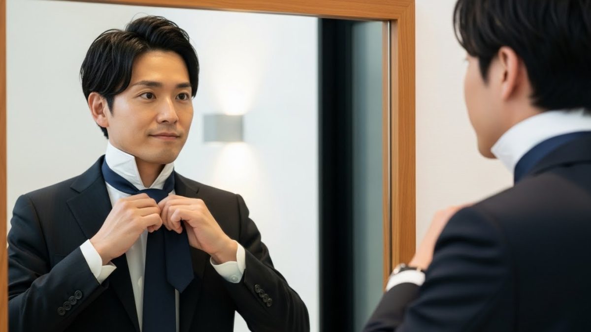 出勤前に鏡の前で身だしなみを整える日本人男性